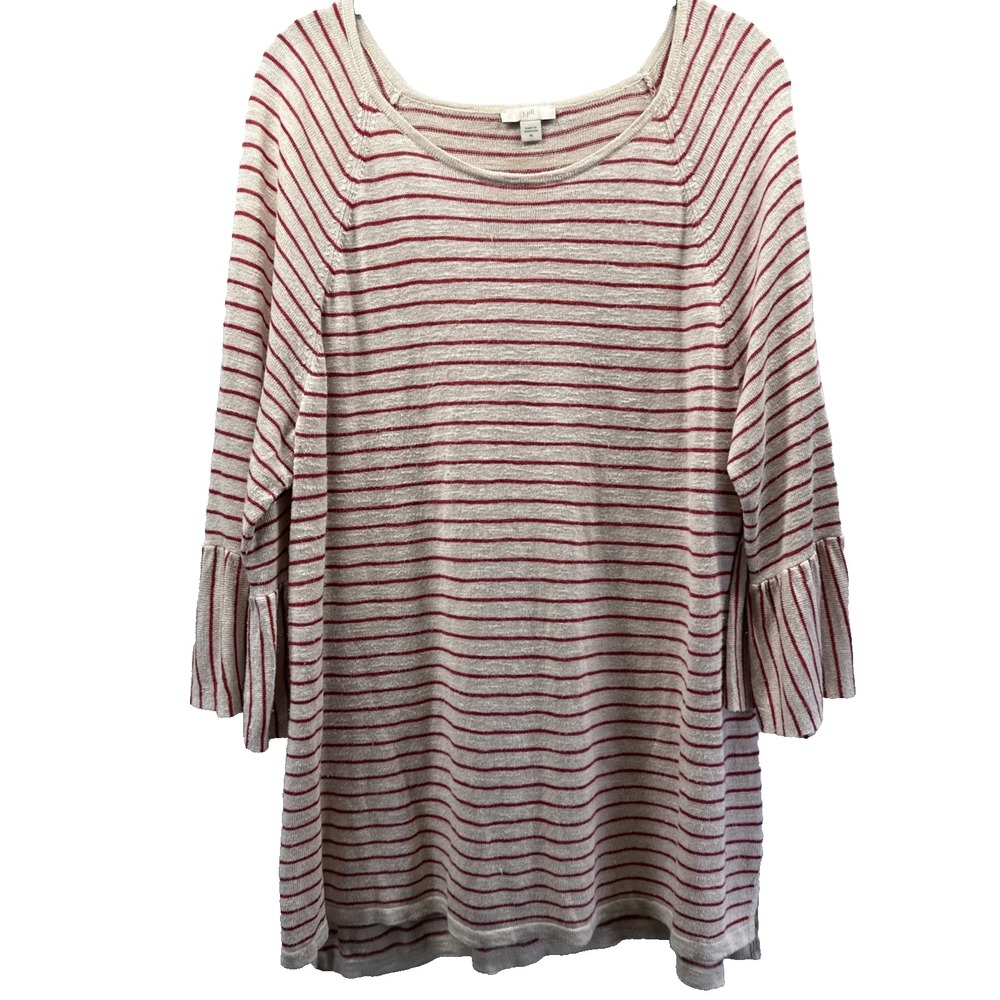J Jill Women's Knit Tunic Top XL Red Ivory Stripe 3/4 Ruffle Sleeves Linen Blend